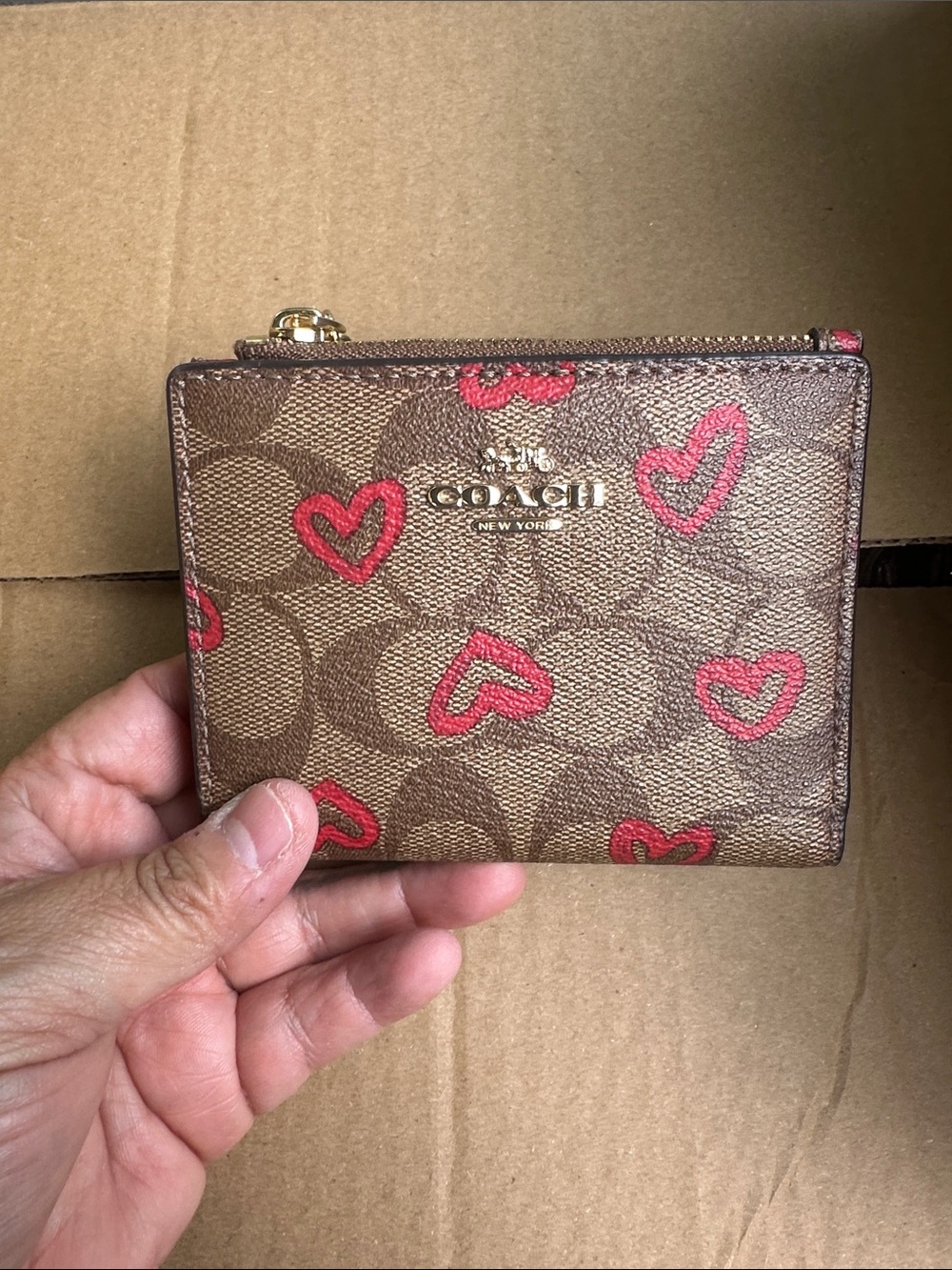 EUC Coach Brown Signature Canvas Wallet with Red Heart Print